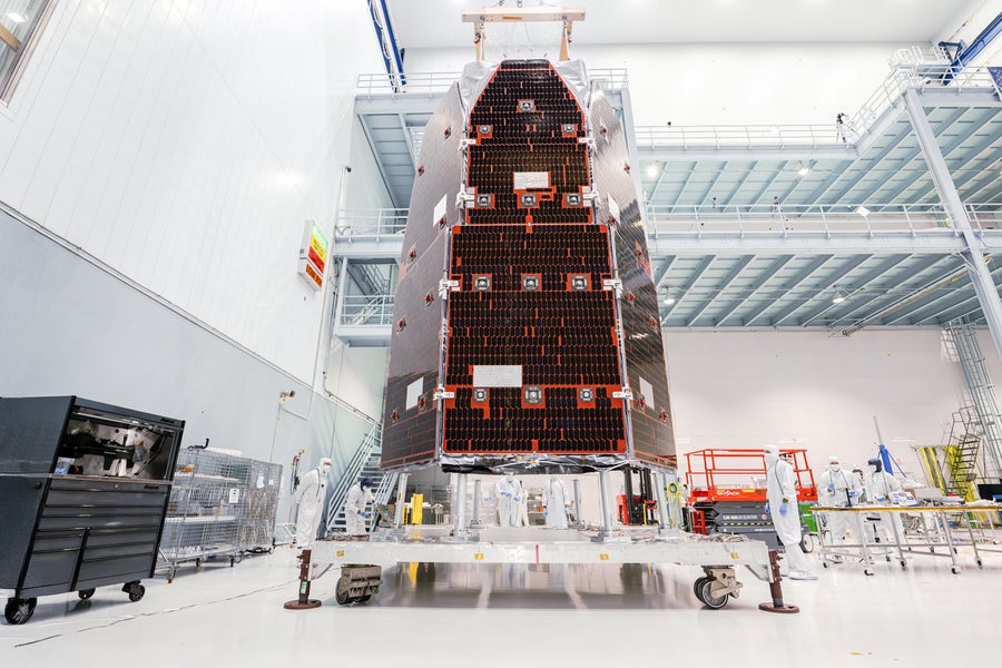 A view of NASA's Nancy Grace Roman Space Telescope in a clean room at the space agency's Goddard Space Flight Center