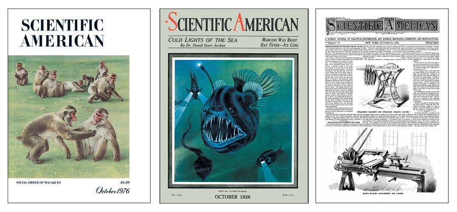 Three covers of Scientific American from October 1976, 1926 and 1876.