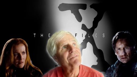 Three people on a screen backed by a graphic design that reads "The X-files"
