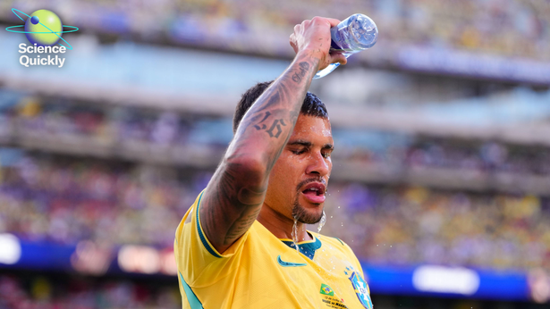 Illustration of Brazilian soccer player Bruno Guimaraes pouring water on his head during a 2026 World Cup match