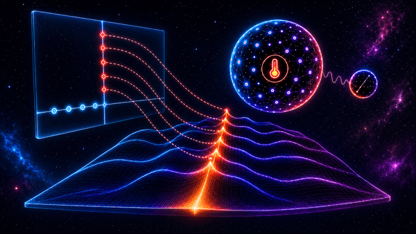 Wavelike purple waves emerging from a graph form a landscape against a black background. A ball of purple dots at the top right is connected to a graphic of an atom by a squiggly line.