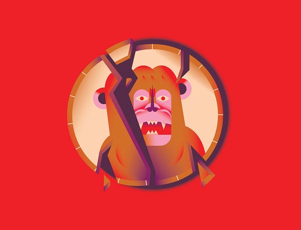 Illustration shows a medallion with a chimpanzee on it broken into pieces.