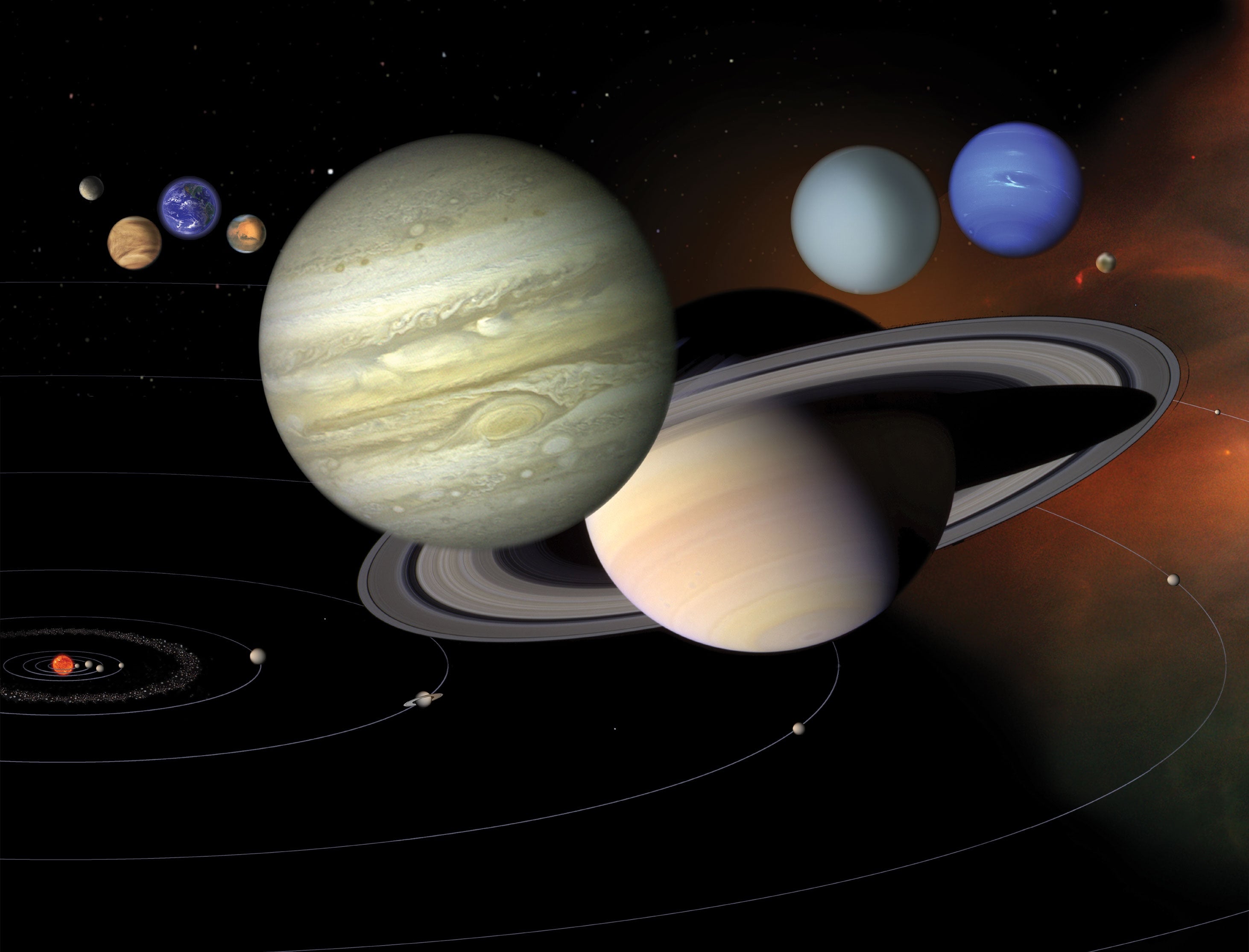 The solar system's planets arranged together in an illustration.
