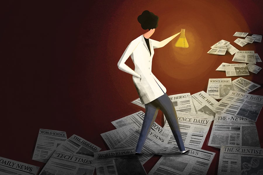 Illustration using warm tones showing an individual in a lab coat holding a beaker containing a glowing liquid. The individual is walking over a trail of different newspaper cover stories about science.
