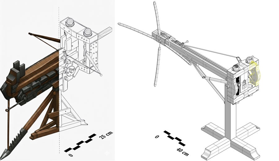 One the left, a line drawing partially filled in with brown and gray color of a primitive repeating weapon. On the right, a three-dimensional rendering of the device with a long arm mounted on a pole