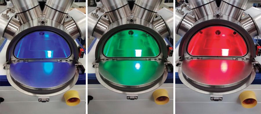 A trio of metal half spheres, one red, one green and one blue, show the Planet Simulator mimicking different stars’ glow. Provided by Angstrom Engineering, Inc.