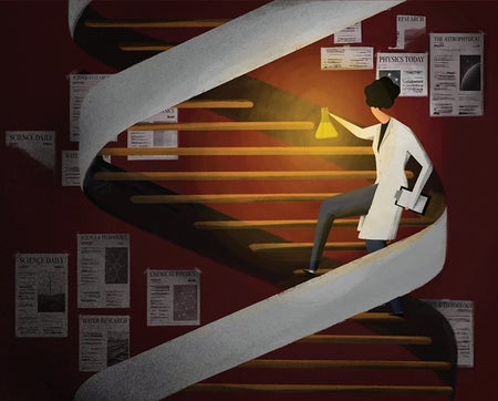 Illustration of an individual in a lab coat with a beaker containing a glowing liquid. The individual is ascending a DNA structure staircase. Using the glowing beaker as a guiding light, past newspaper clippings on a wall.