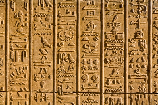 A carving of rows of hieroglyphics.