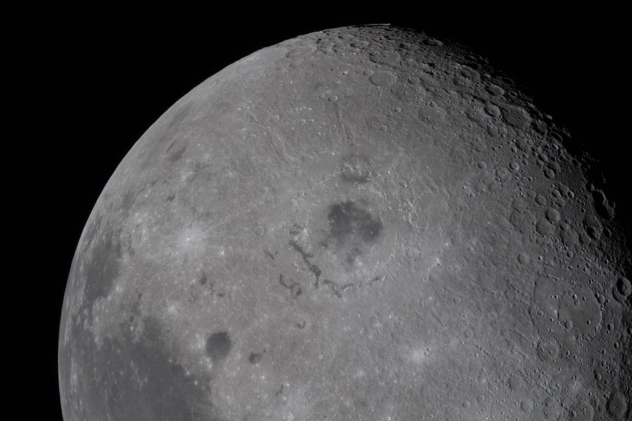 A close-up of the moon, visualizing some of its craters.
