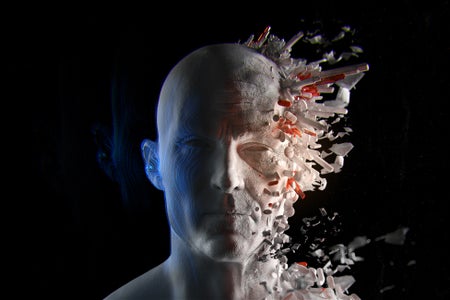 A 3D render of a bald man's face: the left side is youthful but the right side is older and bursting with pills and tablets.