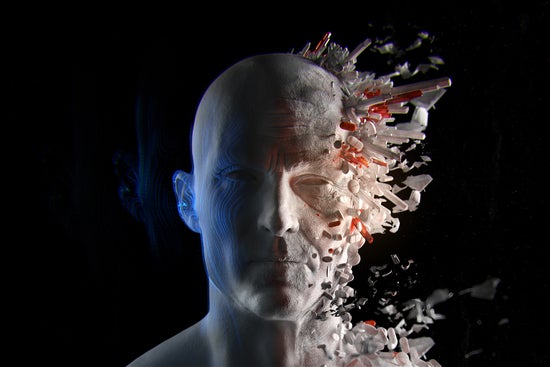 A 3D render of a bald man's face: the left side is youthful but the right side is older and bursting with pills and tablets.