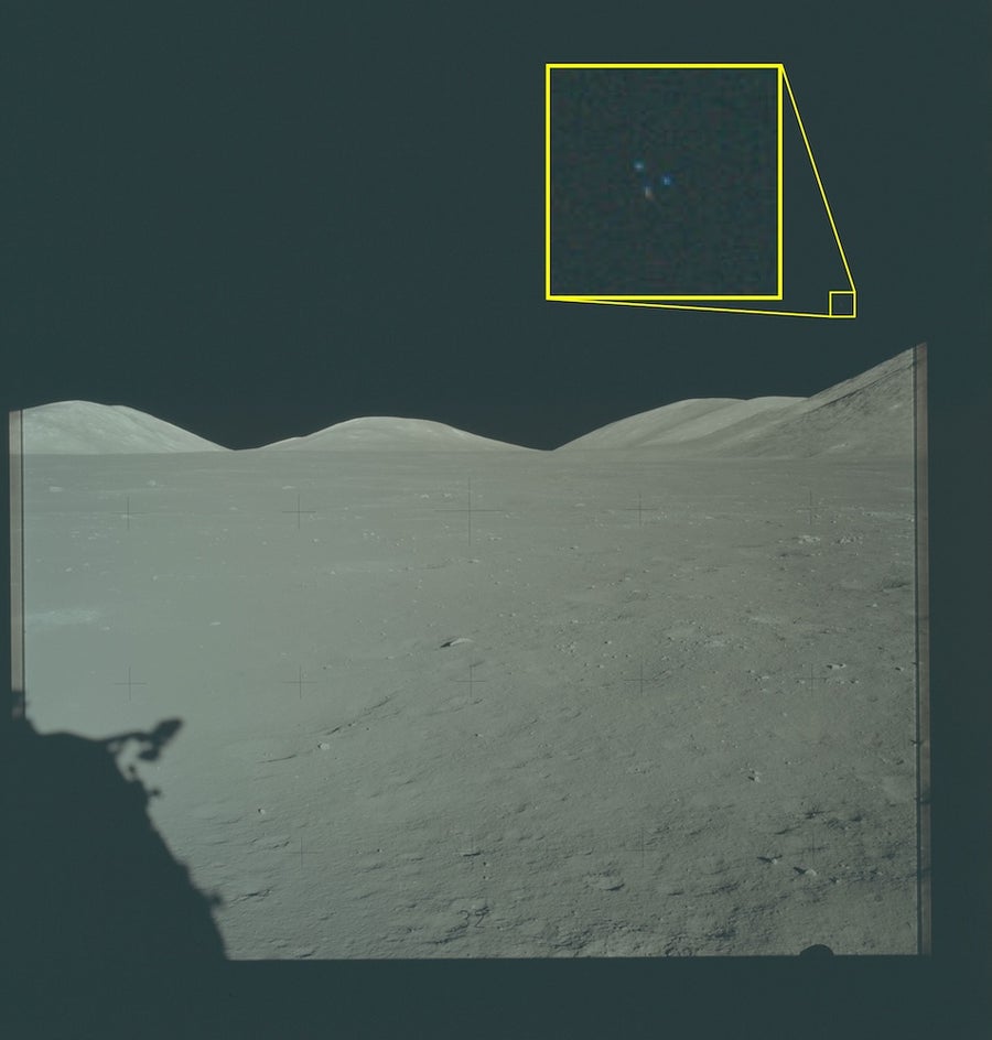 NASA photograph from the Apollo 17 mission taken on December 1972. The image contains three “dots” in a triangular formation in the lower right quadrant of the lunar sky that is clearly visible upon magnification of the image.