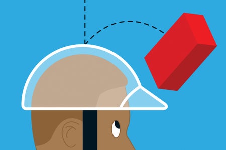 Conceptual illustration of the path of a falling brick over a head covered by a helmet-like top.