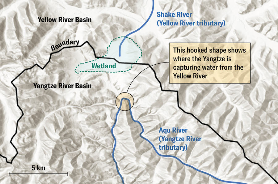 Map shows the location of the Shake River (a Yellow River tributary) and the Aqu River (a Yangtze River tributary) on either side of the boundary of the Yellow River and the Yangtze River Basins. A hook-shaped bend in the Aqu River is highlighted to show where river capture is occurring.