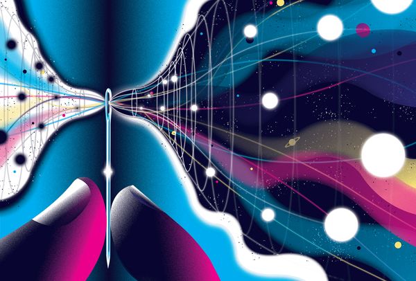 A white hole and a black hole converging within the eye of a needle behing held by two fingers with planetary imagery scattered all around. Illustration by Neil Webb.