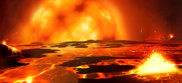 An illustration of a fiery, semi-molten planetary surface with a red giant star looming large in the sky.