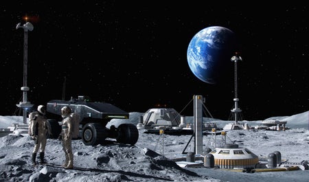 An illustration of the lunar surfaace with spacesuited astronauts, rovers, and other infrastructure as part of a notional mining operation for lunar helium-3. The Earth looms in the background.