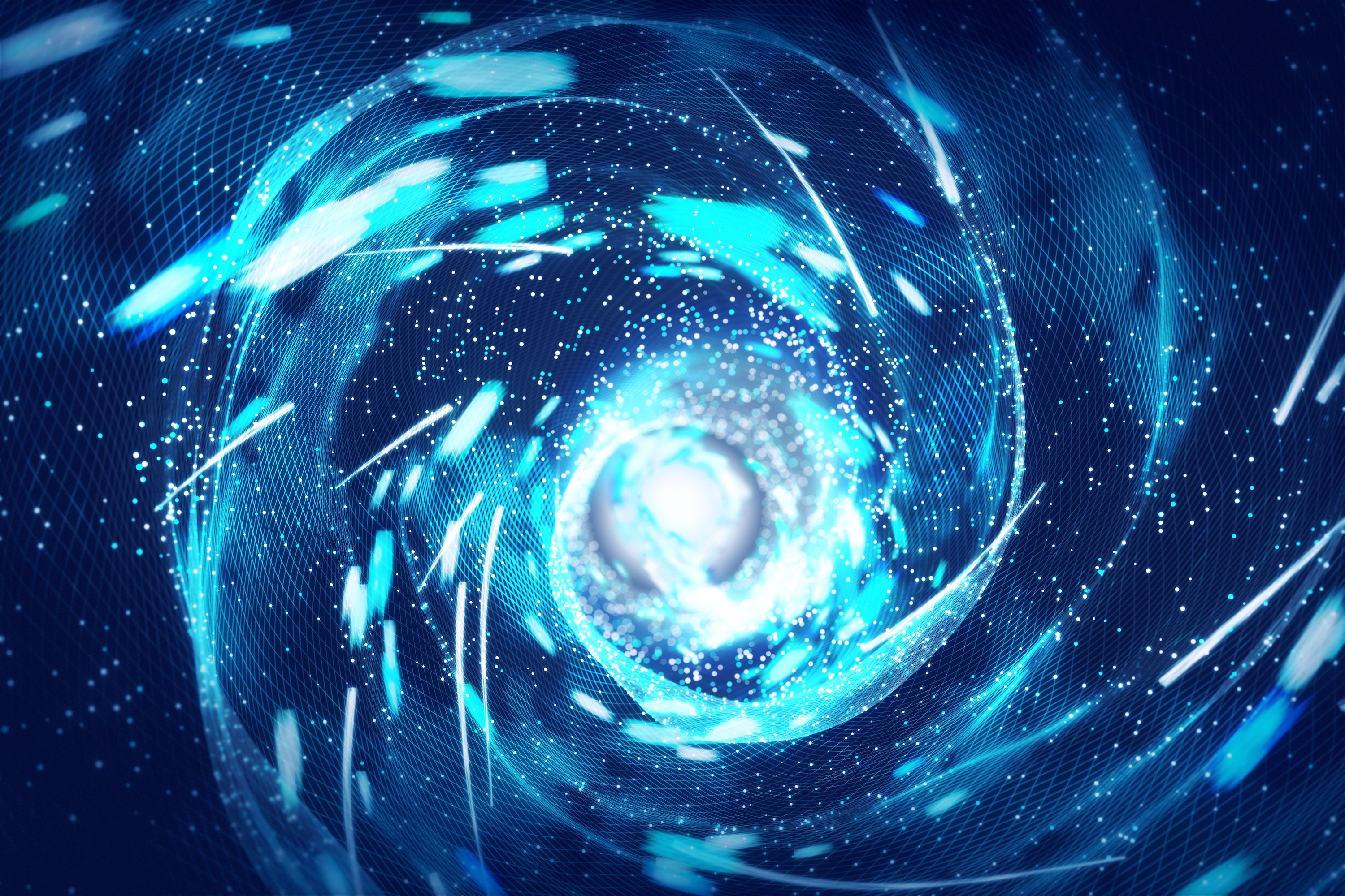 A swirling pattern of blue light suggests a black hole.