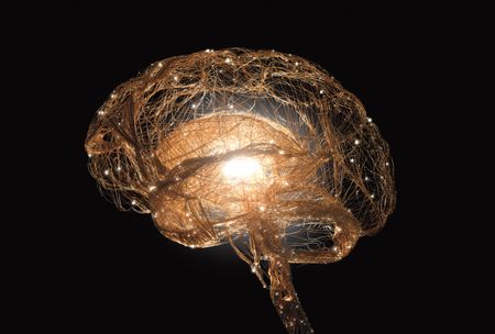 Illuminated illustration of a brain against a black background.