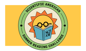 Scientific American Summer Reading Challenge illustration of a sun wearing glasses reading a book.