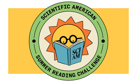 Scientific American Summer Reading Challenge illustration of a sun wearing glasses reading a book.