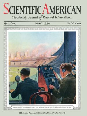 An announcer and radio engineer overlook a baseball game on the cover of Scientific American Magazine Vol 130 Issue 5