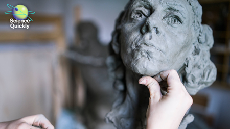 Illustration of a hand touching the chin of a sculpture