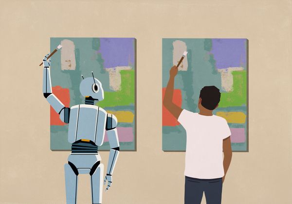 An illustration of a robot copying a human's absurd painting.