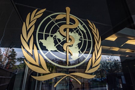 The World Health Organization’s logo on the door of its headquarters