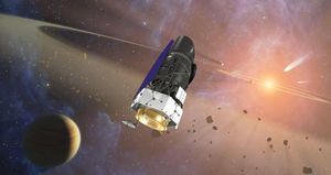 A space telescope drifts in space with an alien planetary system in the background.