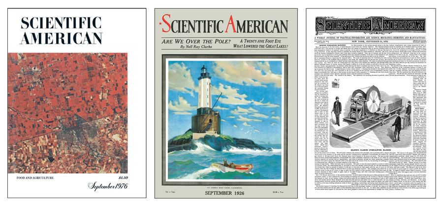 Covers of three issues of Scientific American from September 1976, 1926 and 1876.