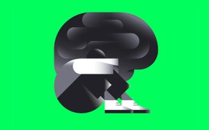 A monochrome illustration shows someone hunched over holding their knees, with their head overlaid by an oversized, simplified brain shape.