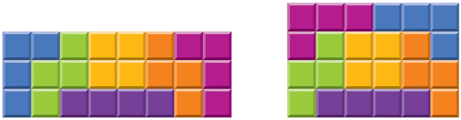 All Tetris pieces except the T-shaped one are arranged to form a three-by-eight rectangle. Another iteration of the same pieces are arranged to form a four-by-six rectangle.