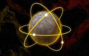 An illustration of the moon with electron orbitals drawn around it to look like an atom.