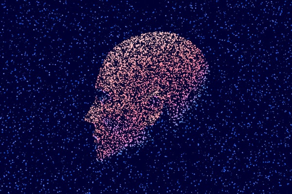 A human head in profile, composed of pink dots, against a dark purple background.