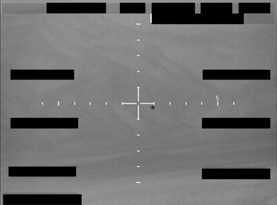 The monochrome image displays a uniform, grainy texture with a central crosshair reticle. A small, dark and slightly irregular object is visible just below and to the right of the center of the reticle.