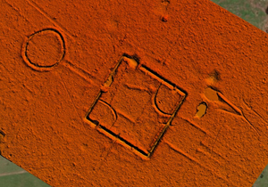 Square and circular geometric forms on an orange background.
