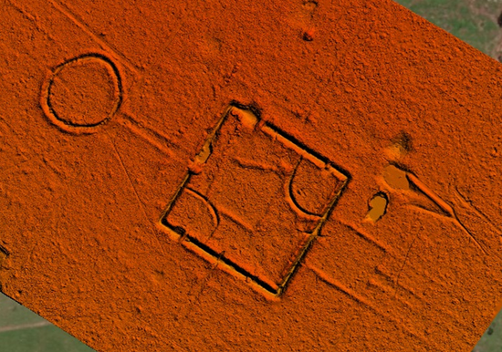 Square and circular geometric forms on an orange background.