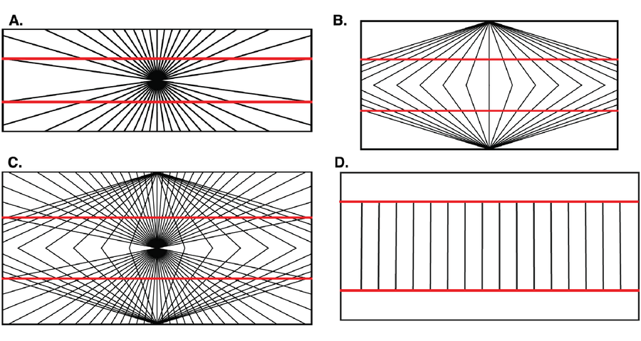 Four images of black lines crossing over red lines, In the first two, the black lines make the red lines (which are straight) appear bowed.