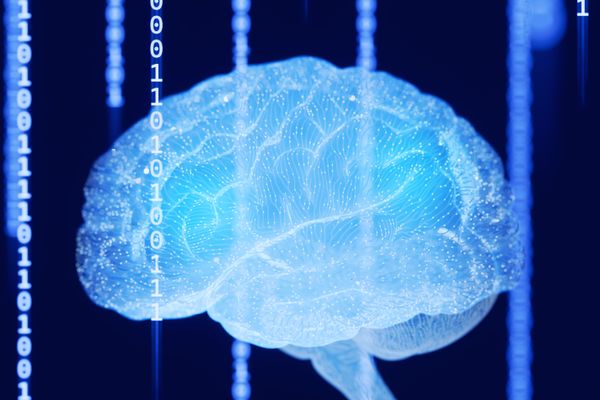 A glowing blue brain against a black background with lines of code
