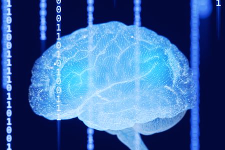 A glowing blue brain against a black background with lines of code.