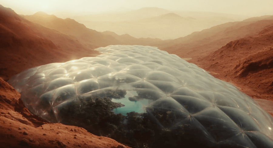 A visualization of a domed habitat on Mars.
