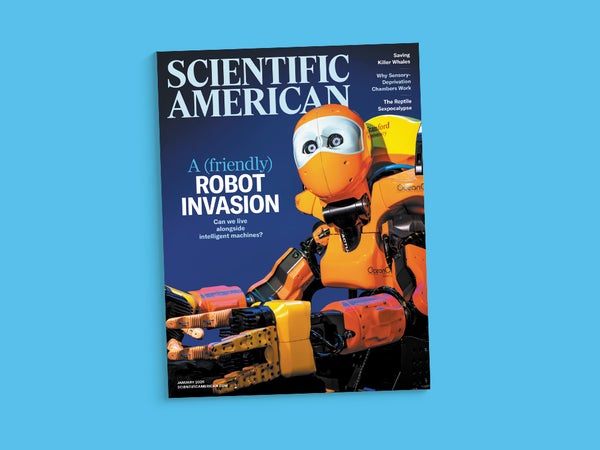 Cover of the January 2026 issue of Scientific American, featuring an orange robot, against a blue background.