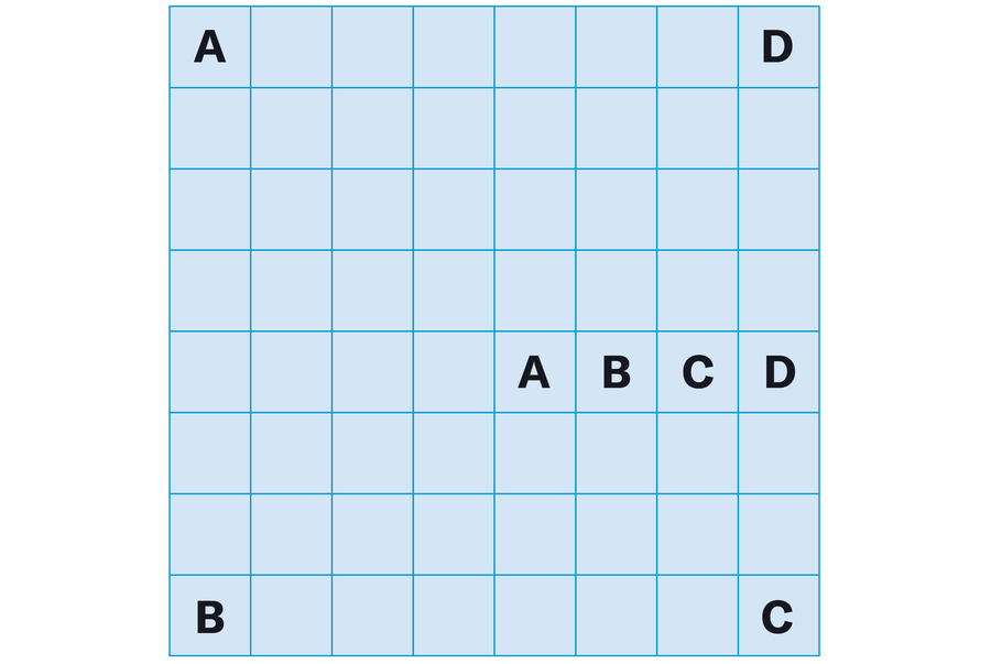 The diagram shows an eight x eight square grid with the letter A in the upper left corner, B in the lower left, D in the upper right, C in the lower right, and A, B, C, and D in consecutive cells in the fifth row, from left to right, starting with the fifth column.