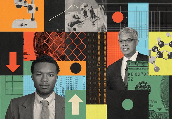 Collage illustration showing the perils of funding in science and including portraits of two individuals mentioned in the article. Illustration by Max-o-matic and photographs by Emily Butler Photography and Getty Images.