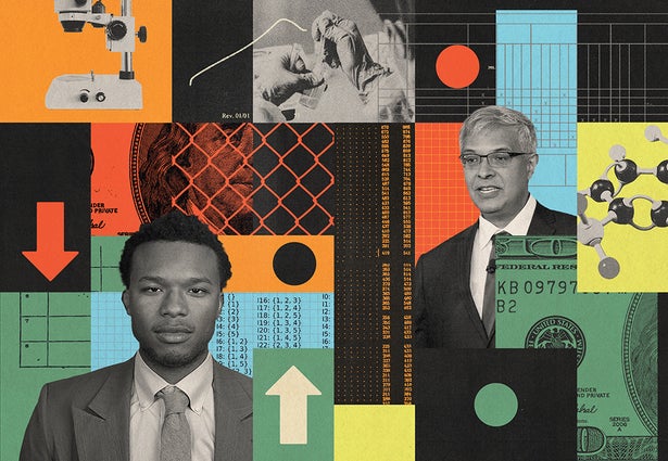 Collage illustration showing the perils of funding in science and including portraits of two individuals mentioned in the article. Illustration by Max-o-matic and photographs by Emily Butler Photography and Getty Images.
