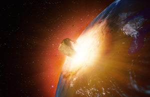 A huge asteroid impacting Earth in a fiery explosion