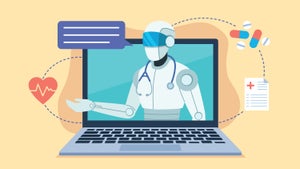 Illustration of a robot dressed as a doctor on a laptop screen, with medical imagery.