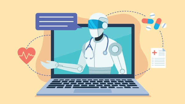 Illustration of a robot dressed as a doctor on a laptop screen, with medical imagery.