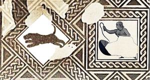 On the right, the partial depiction of a topless woman seen from the side holding a whip surrounded by a patterns square. To the left is a depiction of a leopard running bordered by a square with its points facing up and down